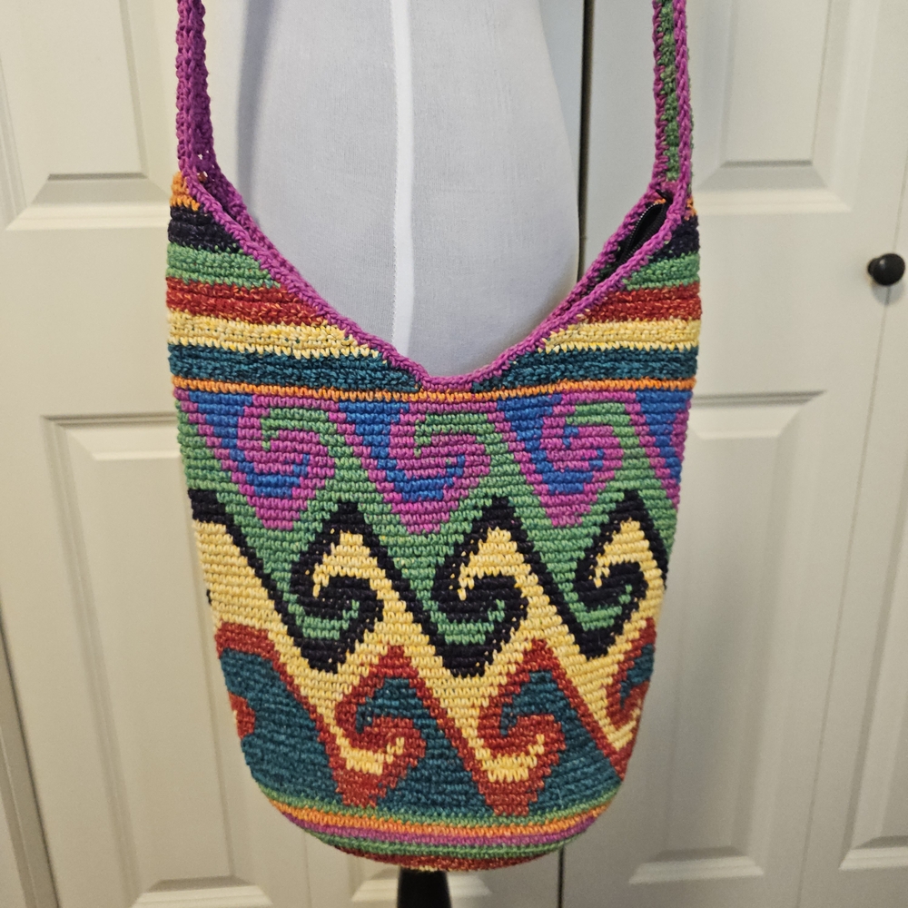 Artisan Bucket Bag Purse Multicolor Crochet Hobo Bag Boho Crossbody Festival - Picture 2 of 9